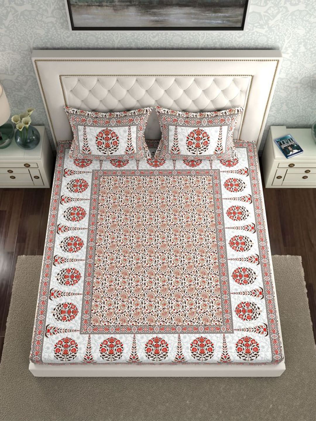 LA VERNE White & Maroon Ethnic Motifs 140 TC Cotton King Bedsheet With 2 Pillow Covers