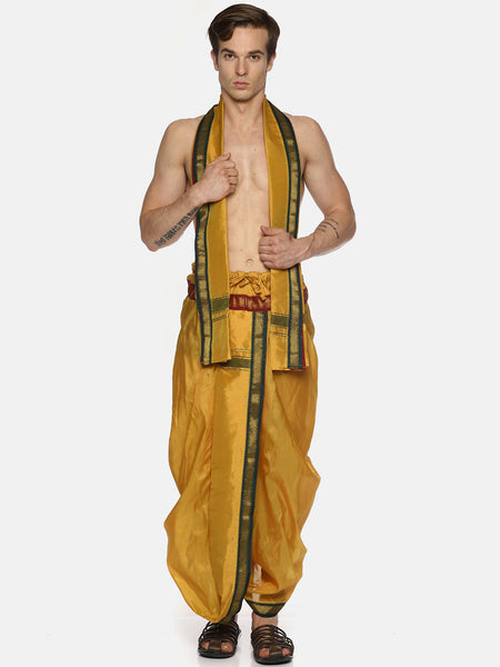 Sethukrishna Men Mustard Yellow Solid Readymade Dhoti Pants With Angavastram