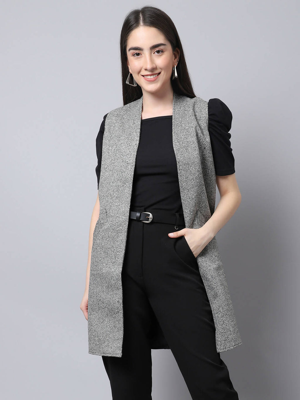 Even Apparels Grey Pure Wool Open Front Woolen Women's Long Coat - Distacart