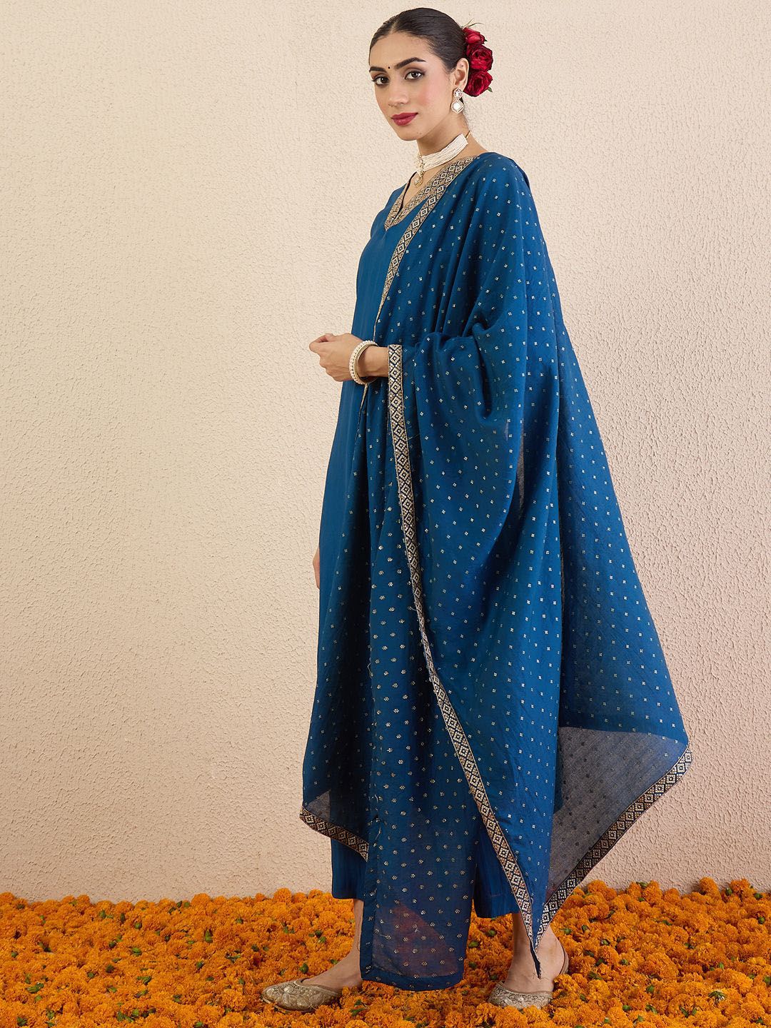 Indo Era Ethnic Motifs Embroidered Regular V-Neck Straight Kurta With Trousers & Dupatta - Distacart