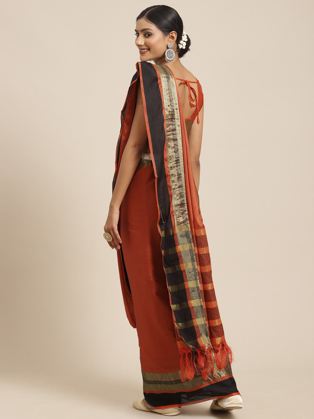Saree Mall Rust & Gold-Toned Woven Design Silk Blend Uppada Sarees