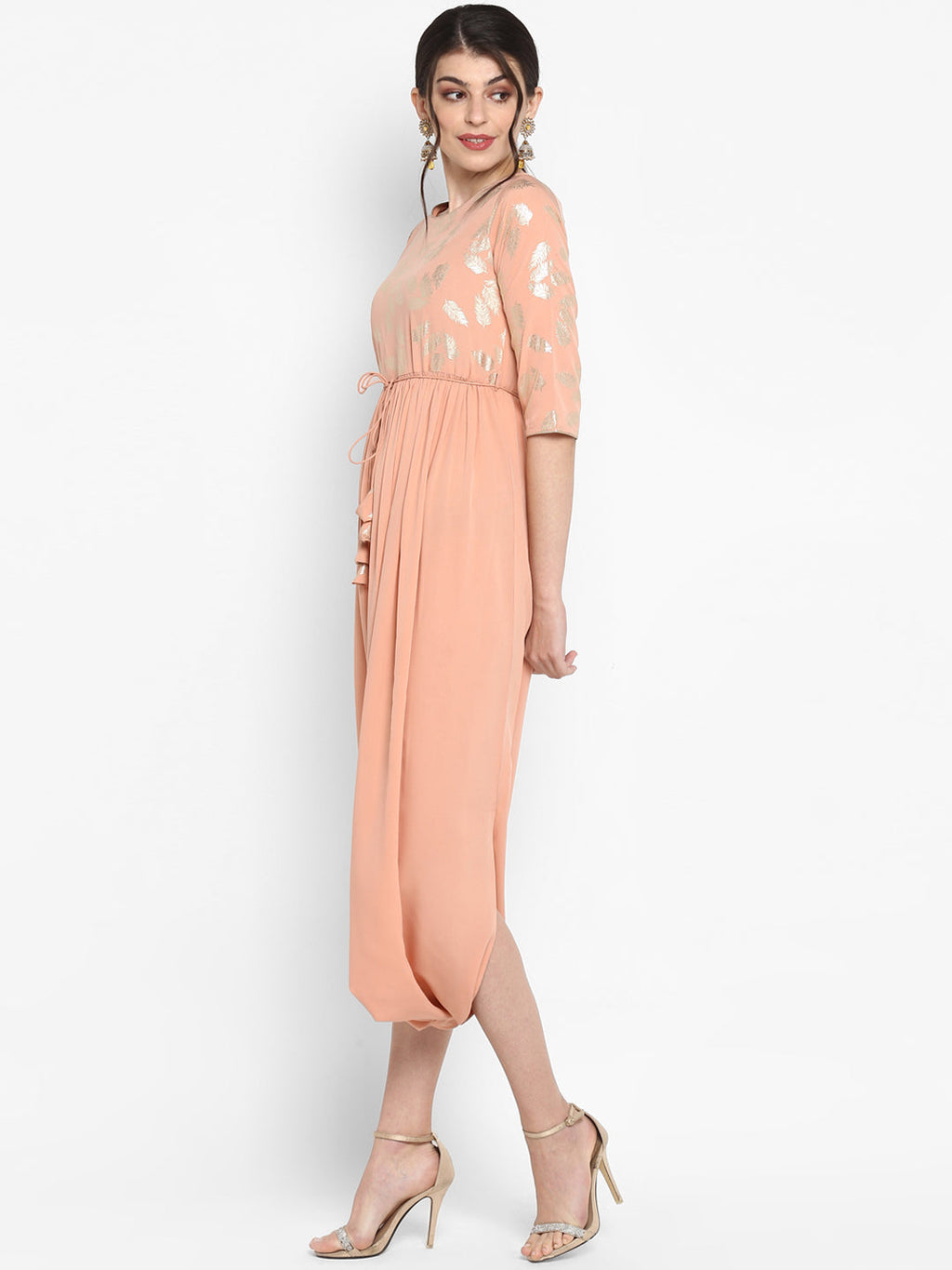Janasya Peach-Coloured & Silver-Toned Printed A-Line Kurta - Distacart