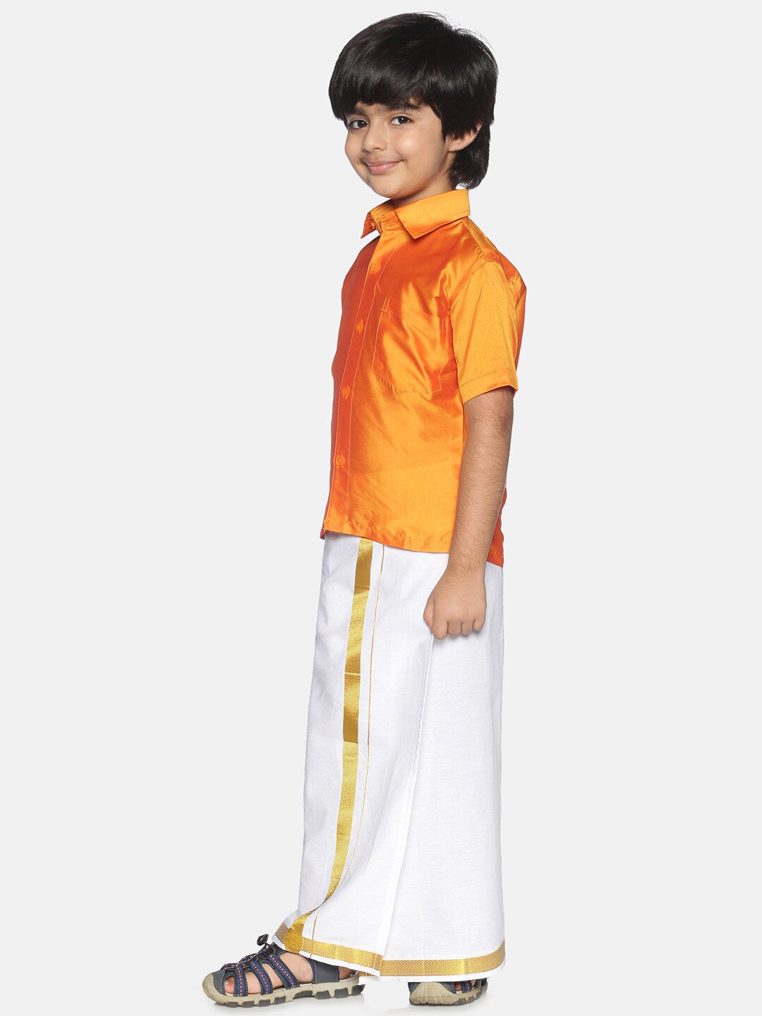 Sethukrishna Boys Orange & White Solid Shirt with Pure Cotton Dhoti Set