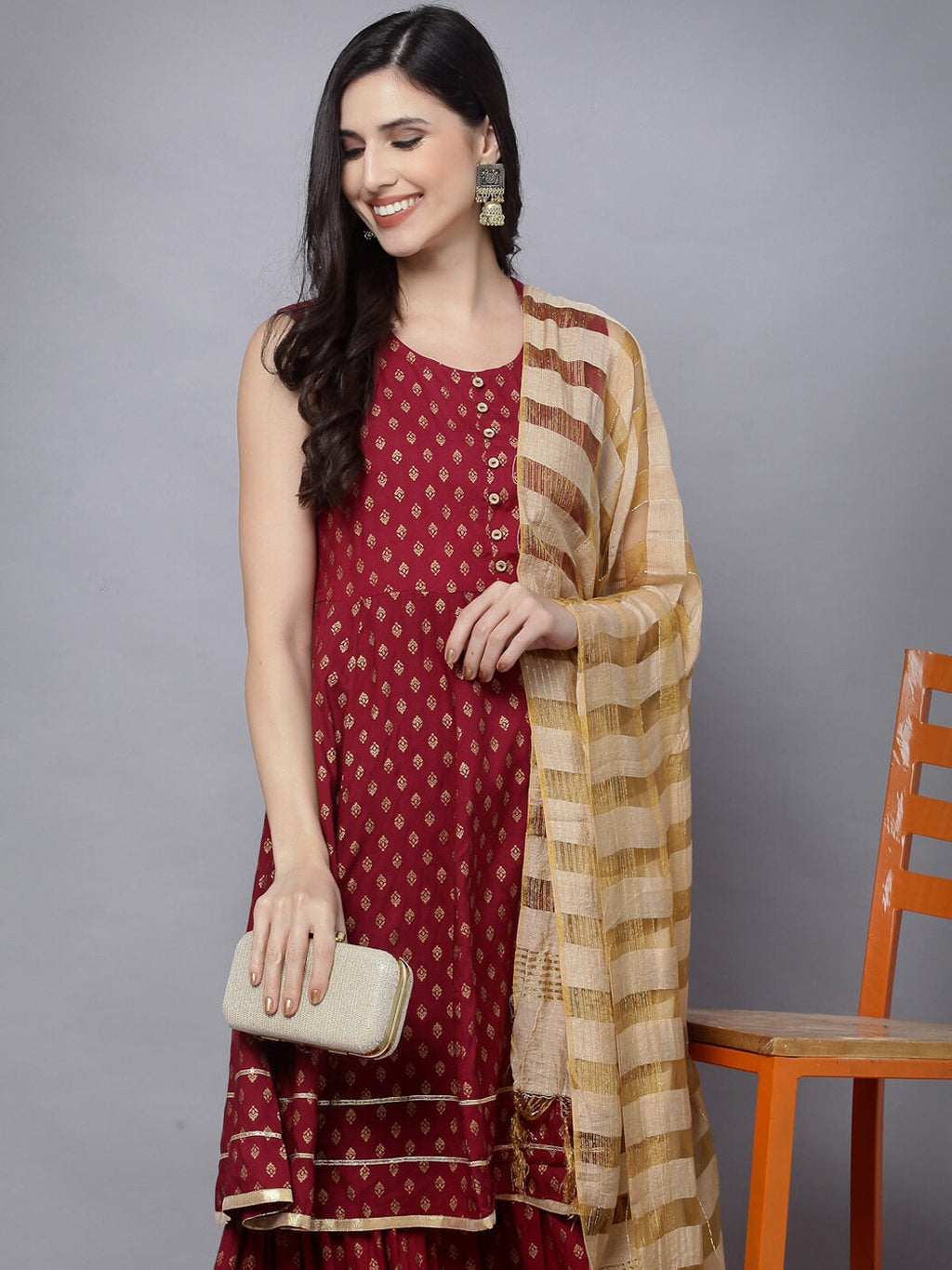 HERE&NOW Women Maroon Ethnic Motifs Printed Kurta with Palazzos & With Dupatta