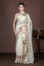 Morchari Beige Banarasi Tissue Computer Embroidery Saree Unstitched Blouse - Distacart