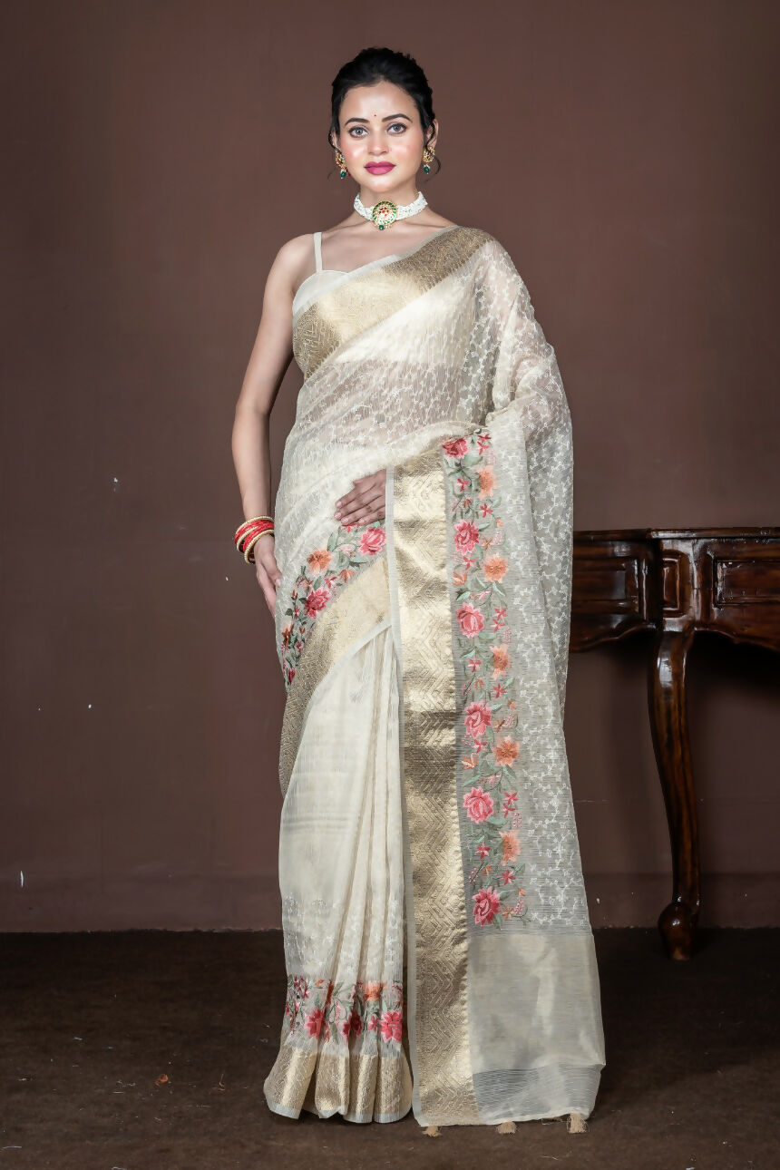 Morchari Beige Banarasi Tissue Computer Embroidery Saree Unstitched Blouse - Distacart
