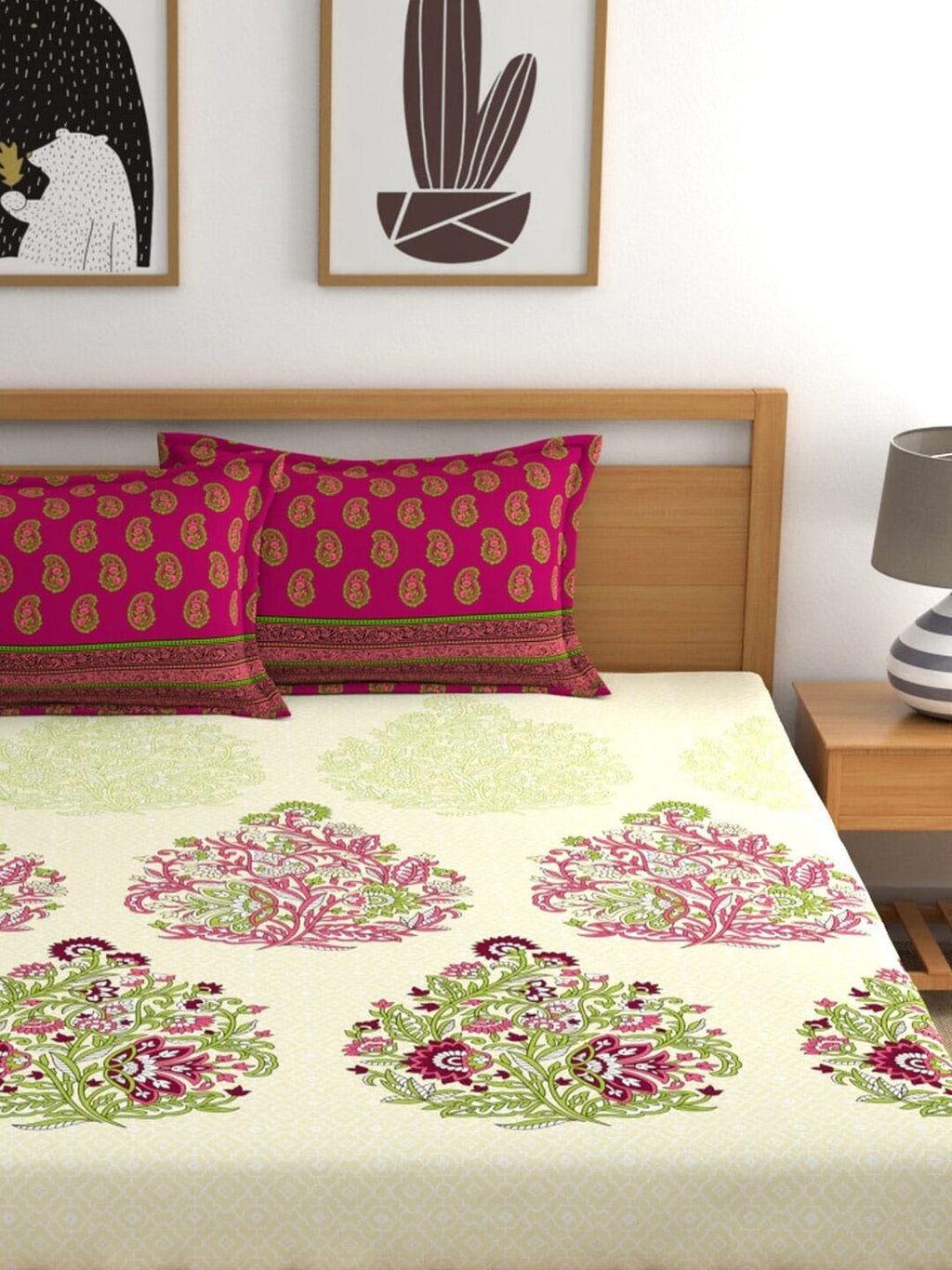 My Room Pink & Green Ethnic Motifs 140 TC Fitted Cotton King Bedsheet & Pillow Covers