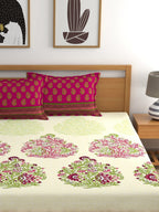 My Room Pink & Green Ethnic Motifs 140 TC Fitted Cotton King Bedsheet & Pillow Covers