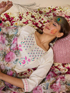 Indo Era Women Floral Yoke Design Regular Thread Work Pure Cotton Kurta with Trousers & With Dupatta - Distacart