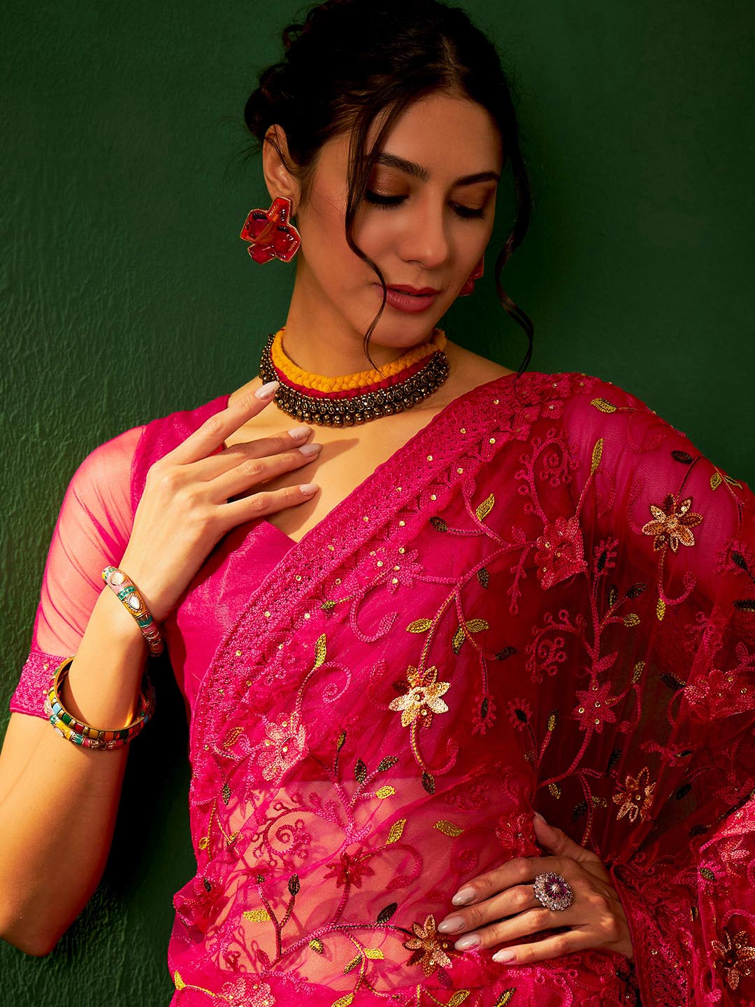 Sangria Embroidered Net Saree - Distacart