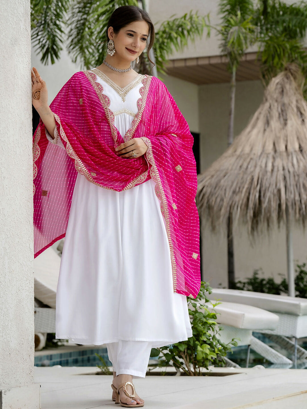 The52 White Women's Gorgeous Embroidered Chanderi Fabric Straight Kurta, Pant and Dupatta Set - Distacart