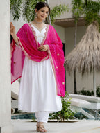 The52 White Women's Gorgeous Embroidered Chanderi Fabric Straight Kurta, Pant and Dupatta Set - Distacart