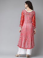 ADA Women Red & White Ethnic Motifs Embroidered Chikankari Georgette Kurta