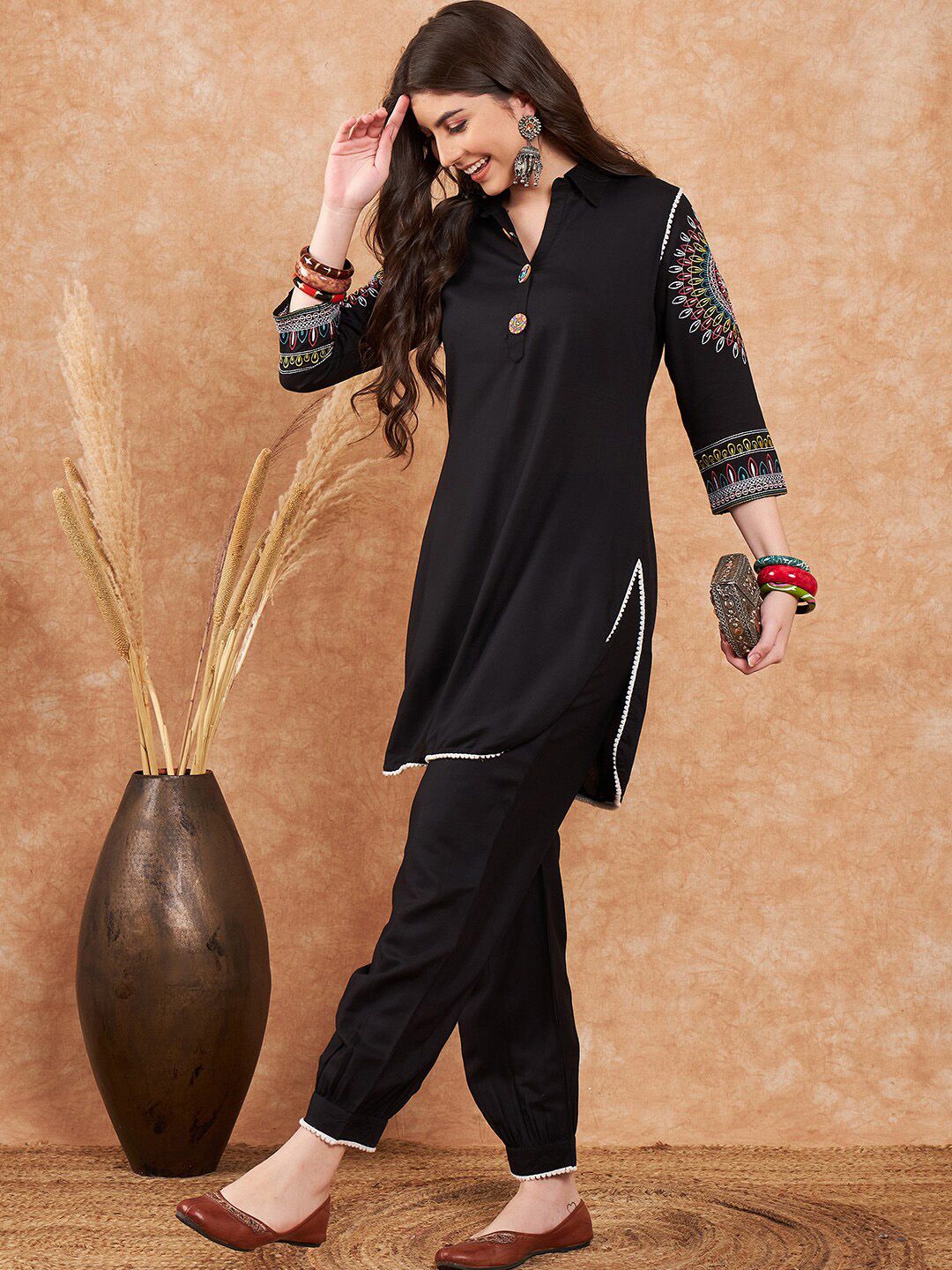 Sangria Black Ethnic Motifs Embroidered Pathani Kurta With Salwar - Distacart