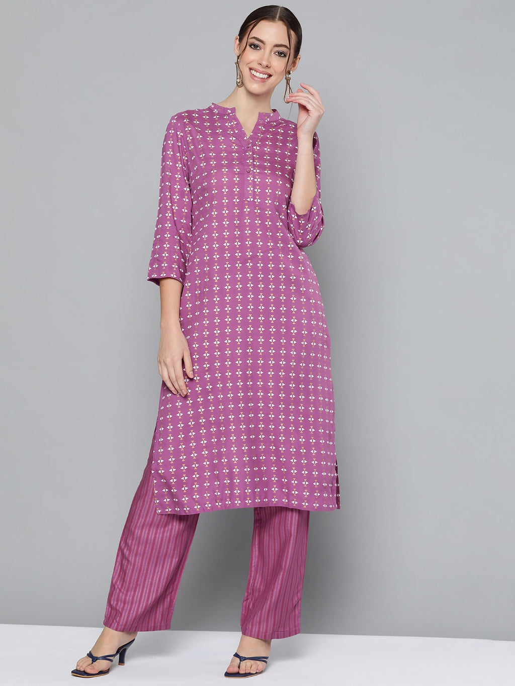 HERE&NOW Women Purple Printed Regular Kurta with Palazzos