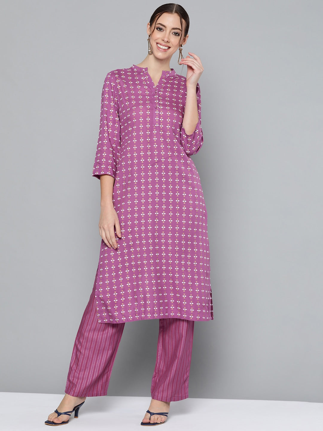 HERE&NOW Women Purple Printed Regular Kurta with Palazzos