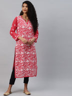 ADA Women Carrot Pink & White Floral Hand Embroidered Chikankari Handloom Kurta & Matching slip