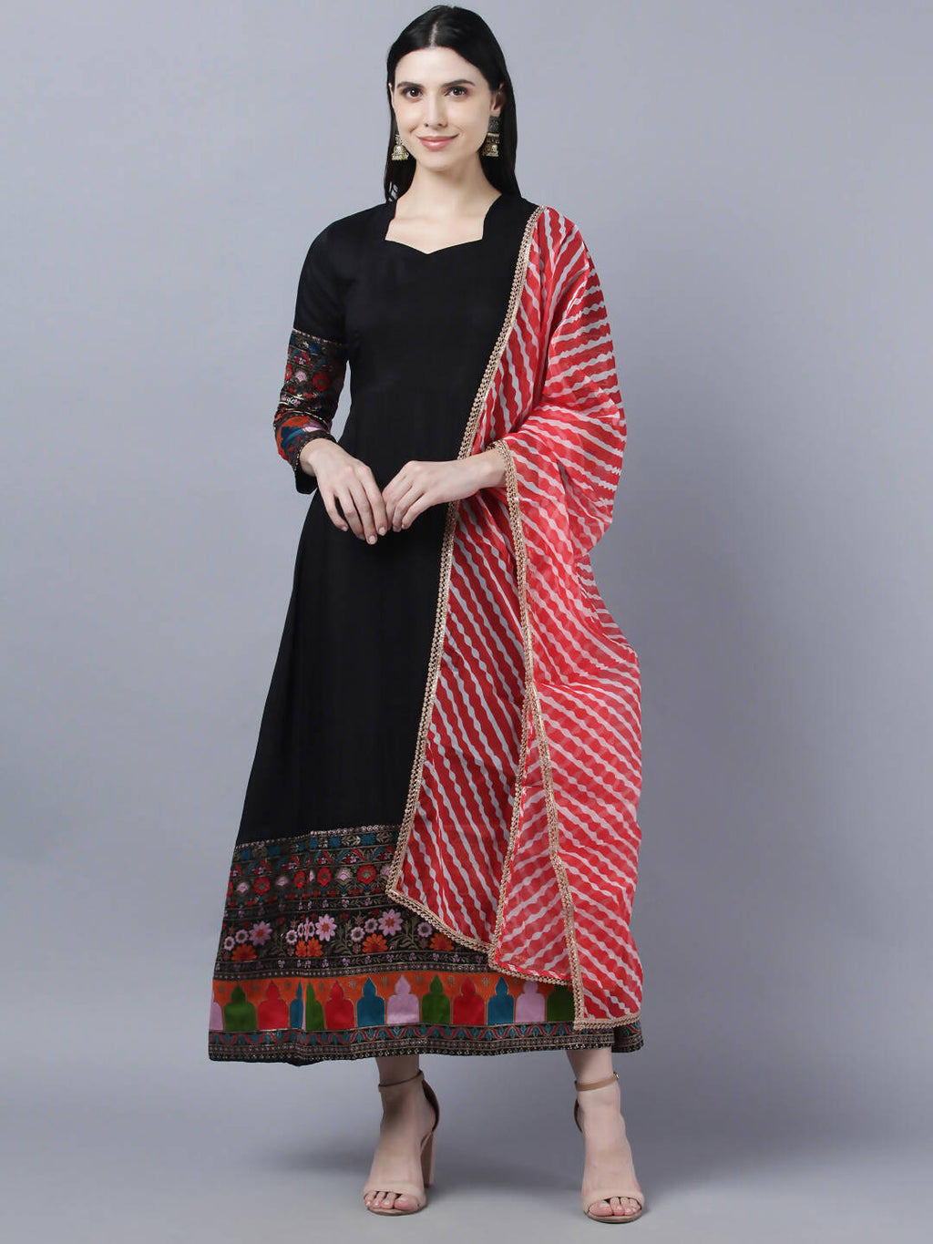 Myshka Women Black Embroidered Detail Anarkali Kurta With Dupatta - Distacart