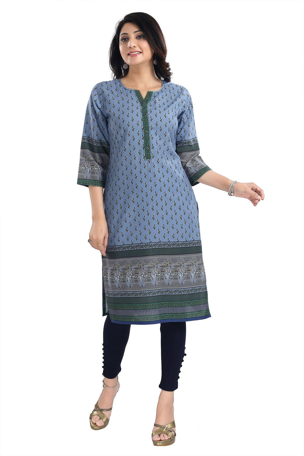 Snehal Creations Aesthetic Blue Digital Print Cotton Slub Long Kurti Tunic - Distacart