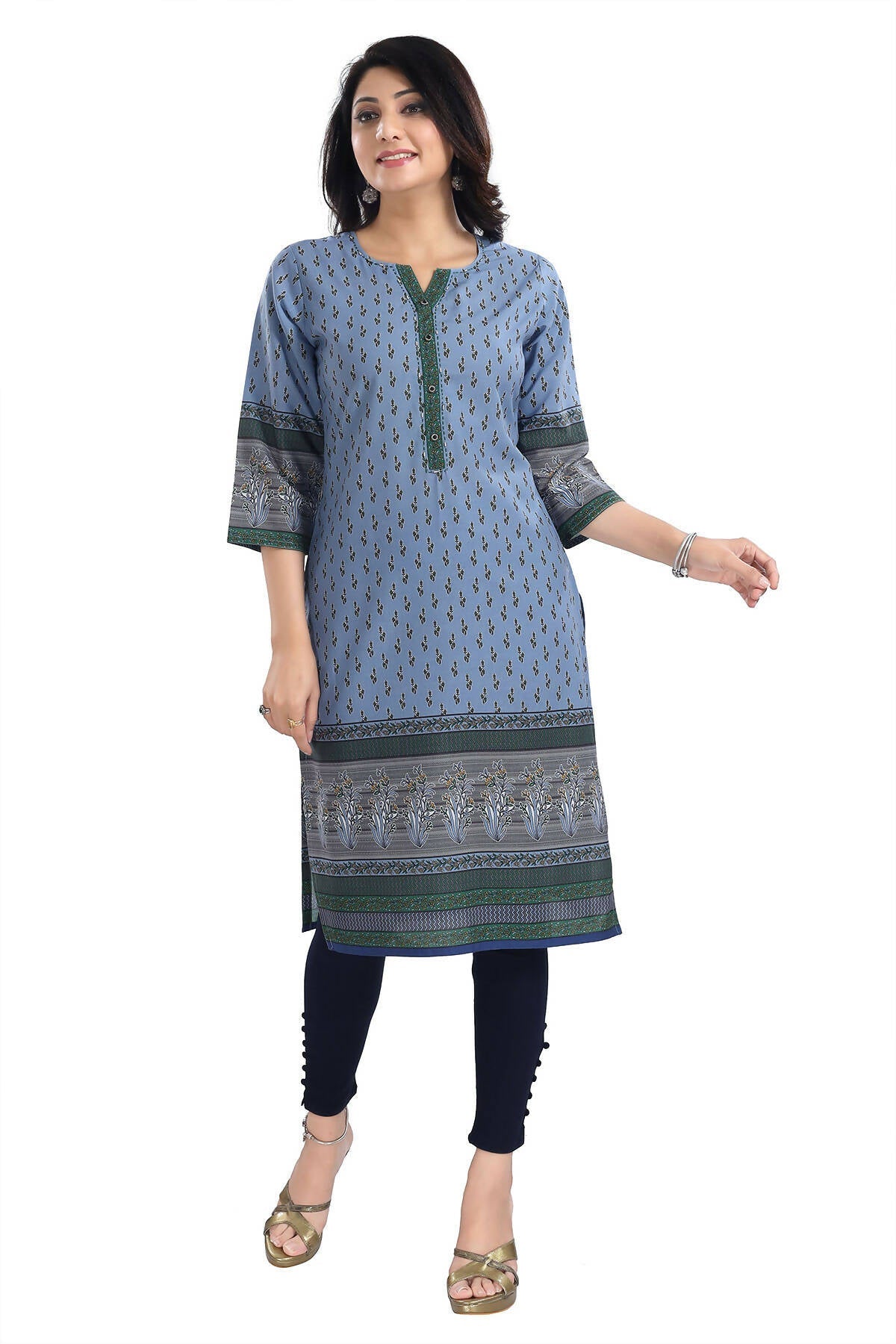 Snehal Creations Aesthetic Blue Digital Print Cotton Slub Long Kurti Tunic - Distacart