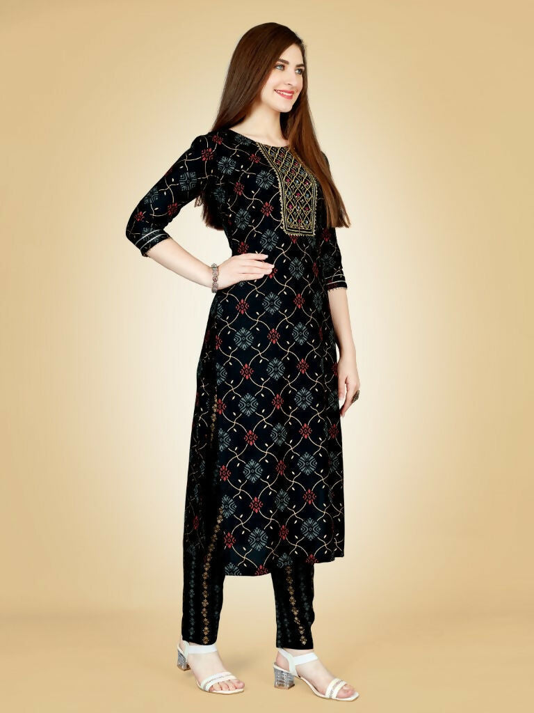 Jyoti Fashion Women's Black Viscose Rayon Embroidered Kurta Pant Set