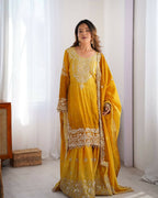The52 Women's Beautiful Chinon silk Fabric Embroidery Work Straight Kurta Palazzo and Dupatta Set - Distacart