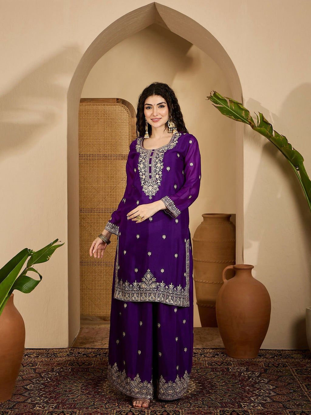 Joban Fashion Embroidery Purple Chinon Silk Kurta Set - Distacart