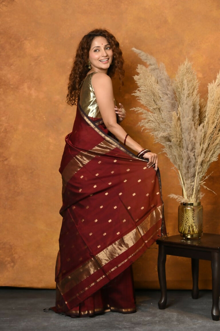 Very Much Indian Handloom Pure Cotton Silk Saree With Sleek Golden Border - Maroon