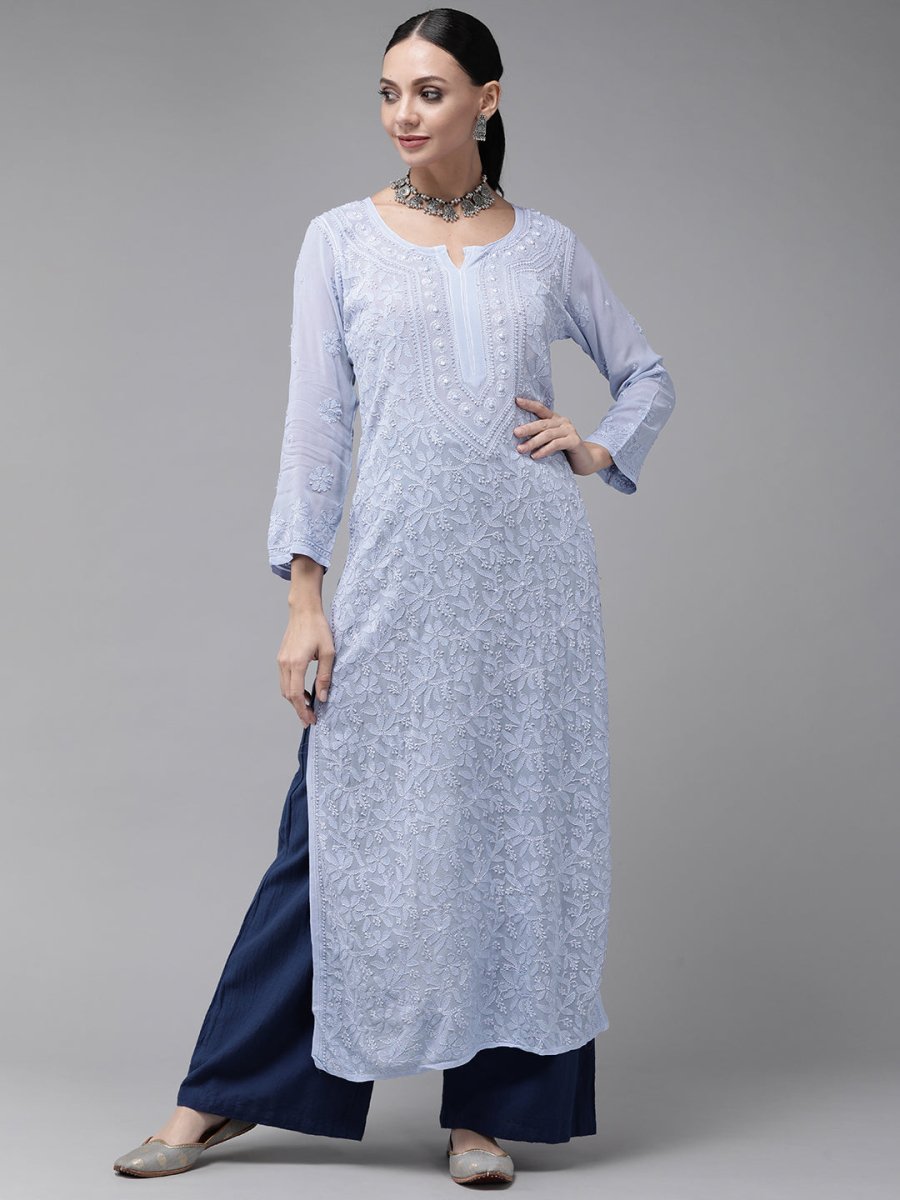 ADA Women Blue & Blue Ethnic Motifs Embroidered Chikankari Georgette Kurta