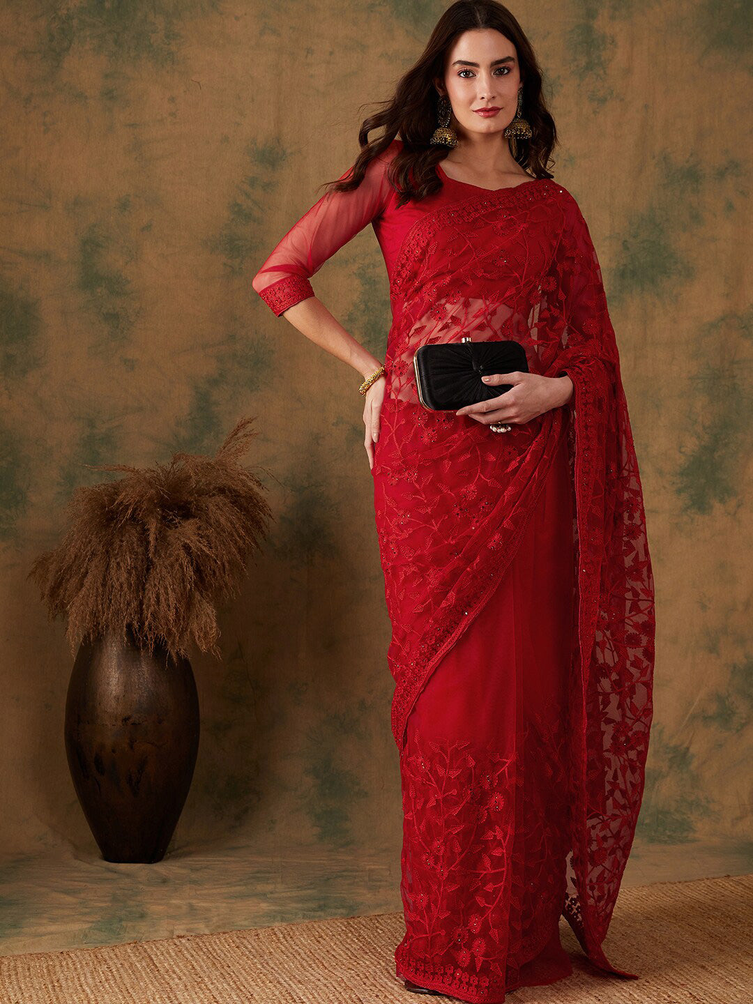Sangria Embroidered Net Sarees - Distacart