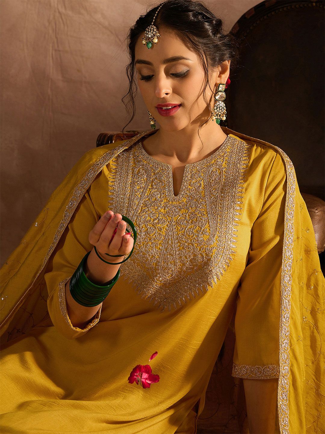 Indo Era Yellow Paisley Embroidered Regular Straight Kurta With Trousers & Dupatta - Distacart