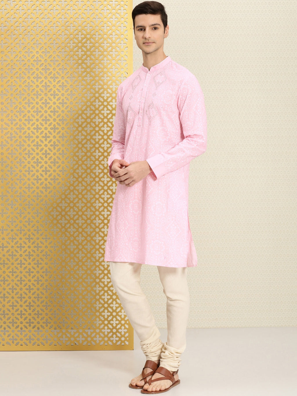 House of Pataudi Men Pink & White Bandhani Printed Pure Cotton Jashn Kurta