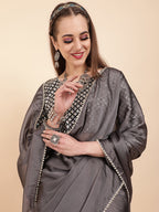 Sangria Grey Beads & Stones Satin Saree - Distacart