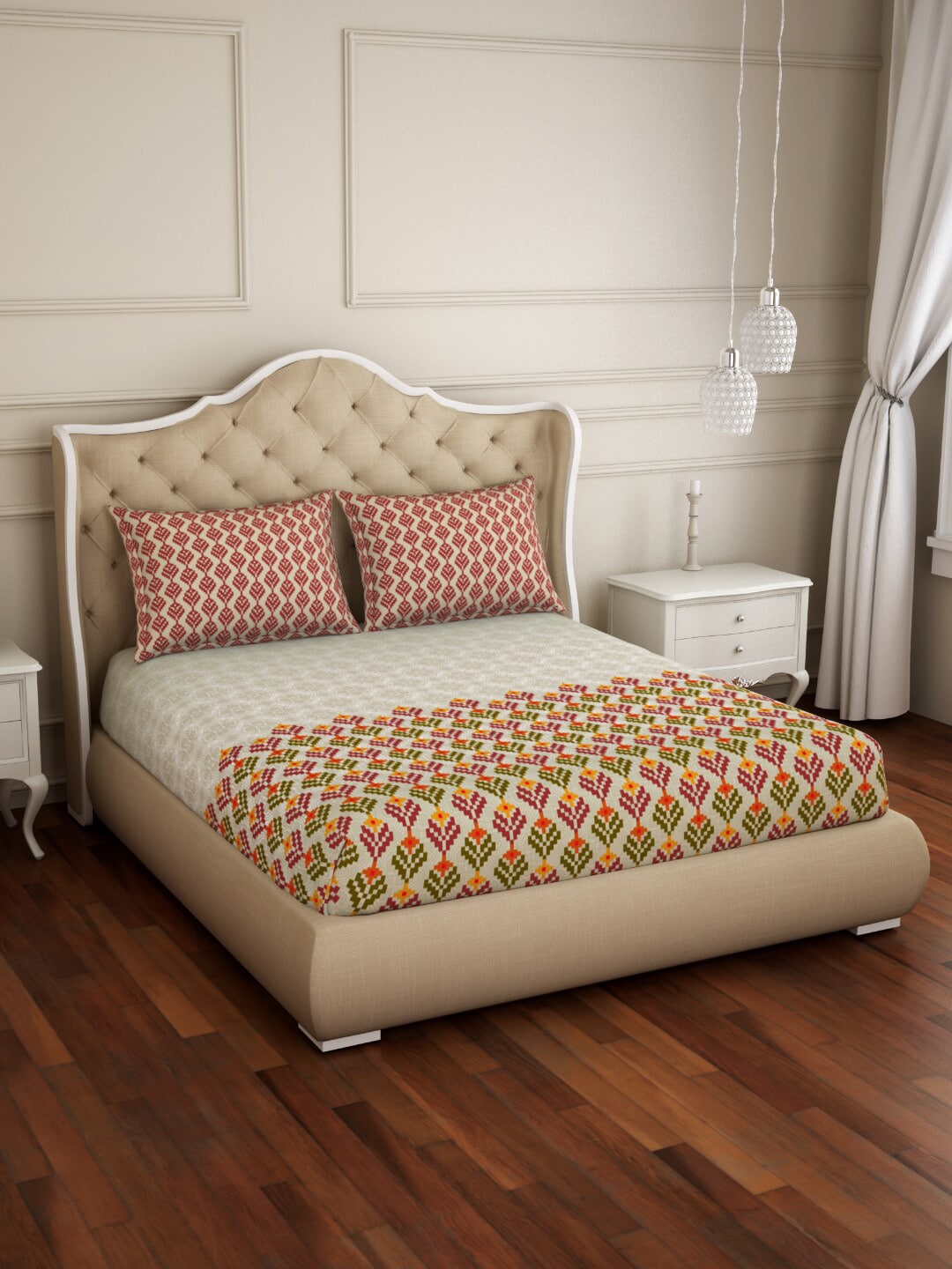 SPACES Atrium Plus Ecom Maroon 210 TC Fitted Cotton Queen Bedsheet With 2 Pillow Covers