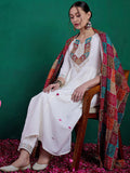 Sangria Floral Yoke Embroidered Straight Kurta & Trousers With Dupatta