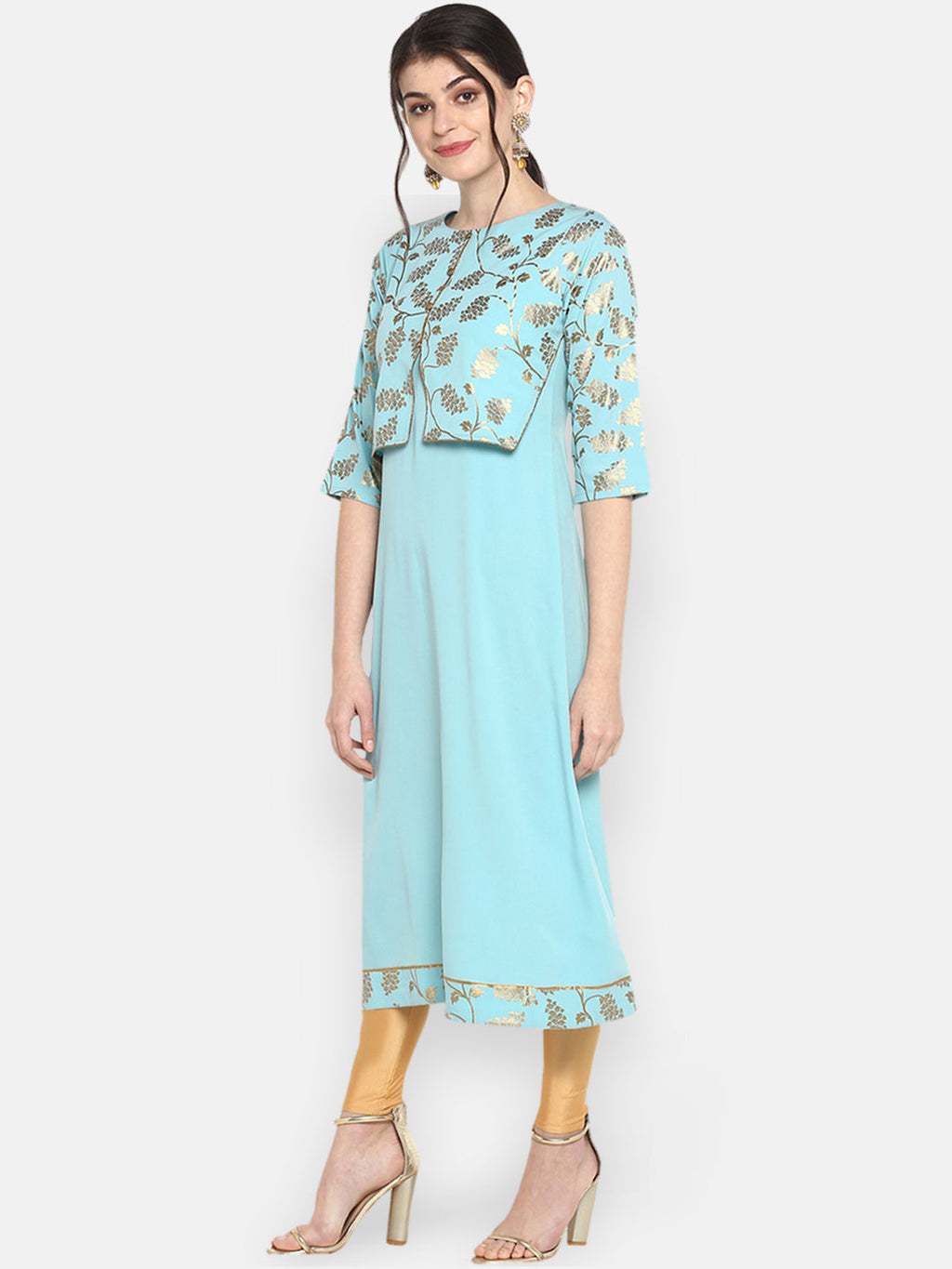 Janasya Turquoise Blue & Gold-Toned Printed A-Line Kurta - Distacart