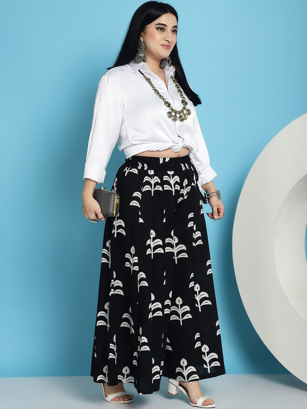 TAG 7 Floral Block Printed Flared Pure Cotton Ethnic Palazzos