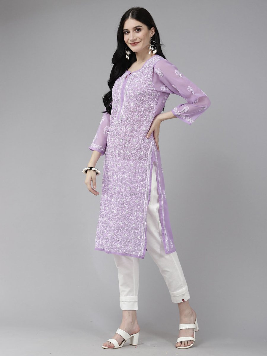 ADA Women Purple & White Ethnic Motifs Embroidered Chikankari Georgette Kurta