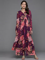 Ahalyaa Women Floral Printed Angrakha Kurta with Palazzos - Burgundy Color