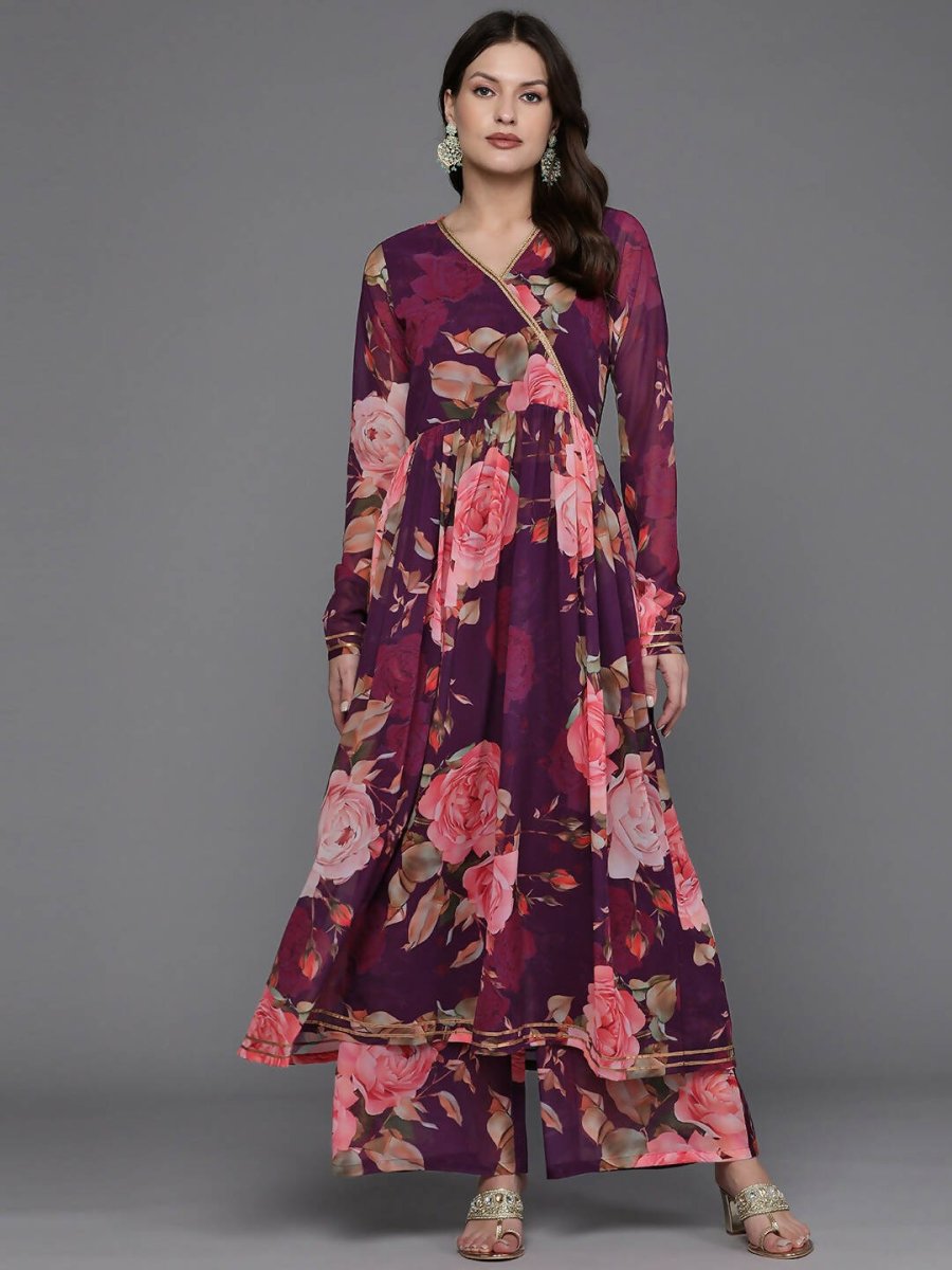 Ahalyaa Women Floral Printed Angrakha Kurta with Palazzos - Burgundy Color