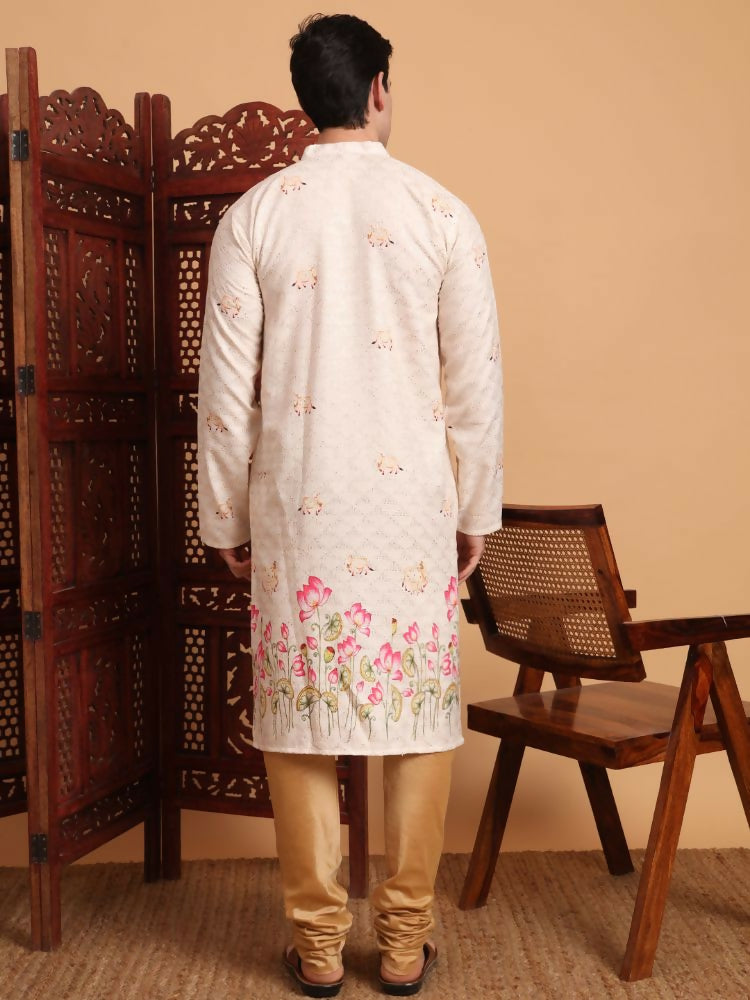 Cream Cotton Printed Chikankari Embroidery Work Kurta - Mahotsav