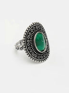 NVR Women's Green Silver-Toned German Silver Adjustable Finger Ring