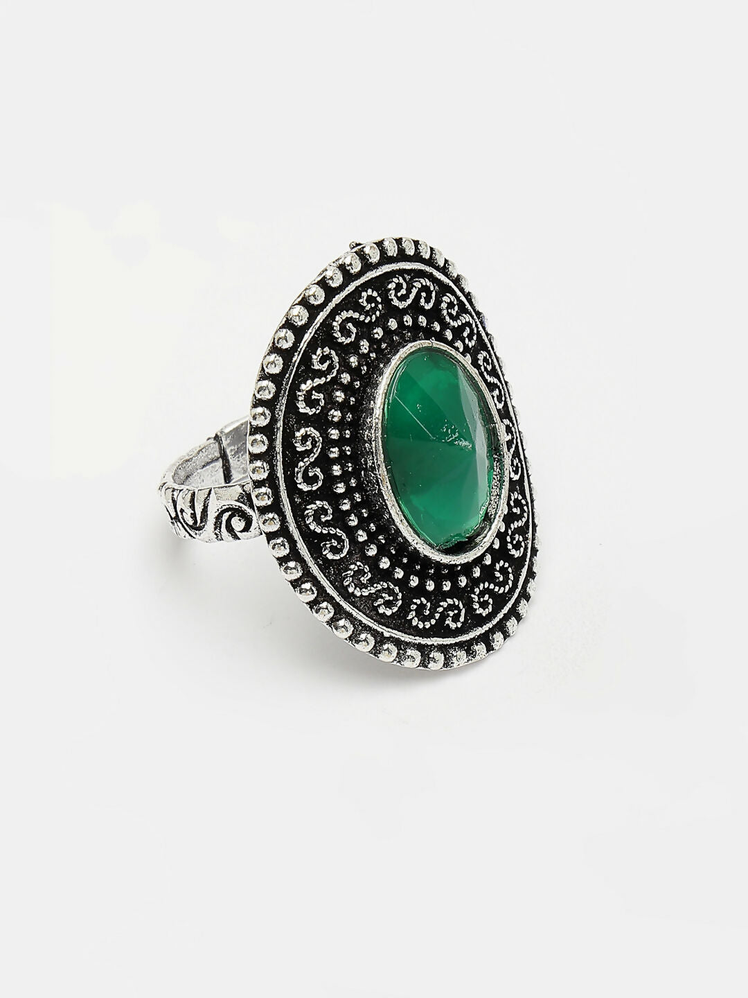 NVR Women's Green Silver-Toned German Silver Adjustable Finger Ring