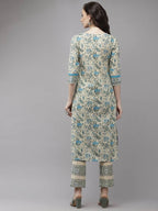 Yufta Women Beige Floral Printed Regular Pure Cotton Kurta with Trouser