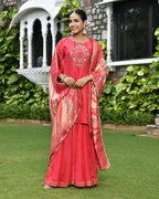 Vaasva Women's Silk Red Emboidered Solid Kurta, Sharara & Dupatta Set