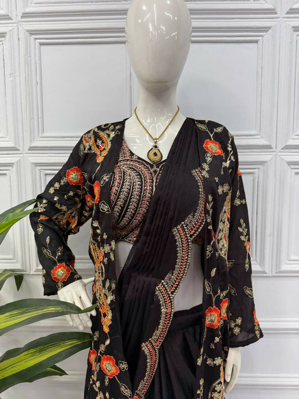 Teeya Creation Black Color Chinon Silk Designer Embroidery Work Ready To Wear Saree With Koti - Distacart