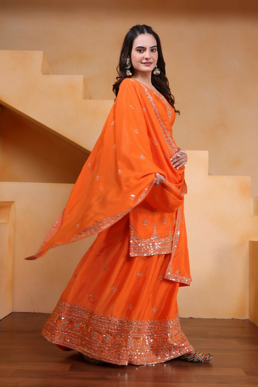 Joban Fashion Orange Silk Embroidered Sharara Set - Distacart