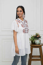 Myshka Women Solid V-Neck Flared Sleeves Synthetic Georgette White Top - Distacart