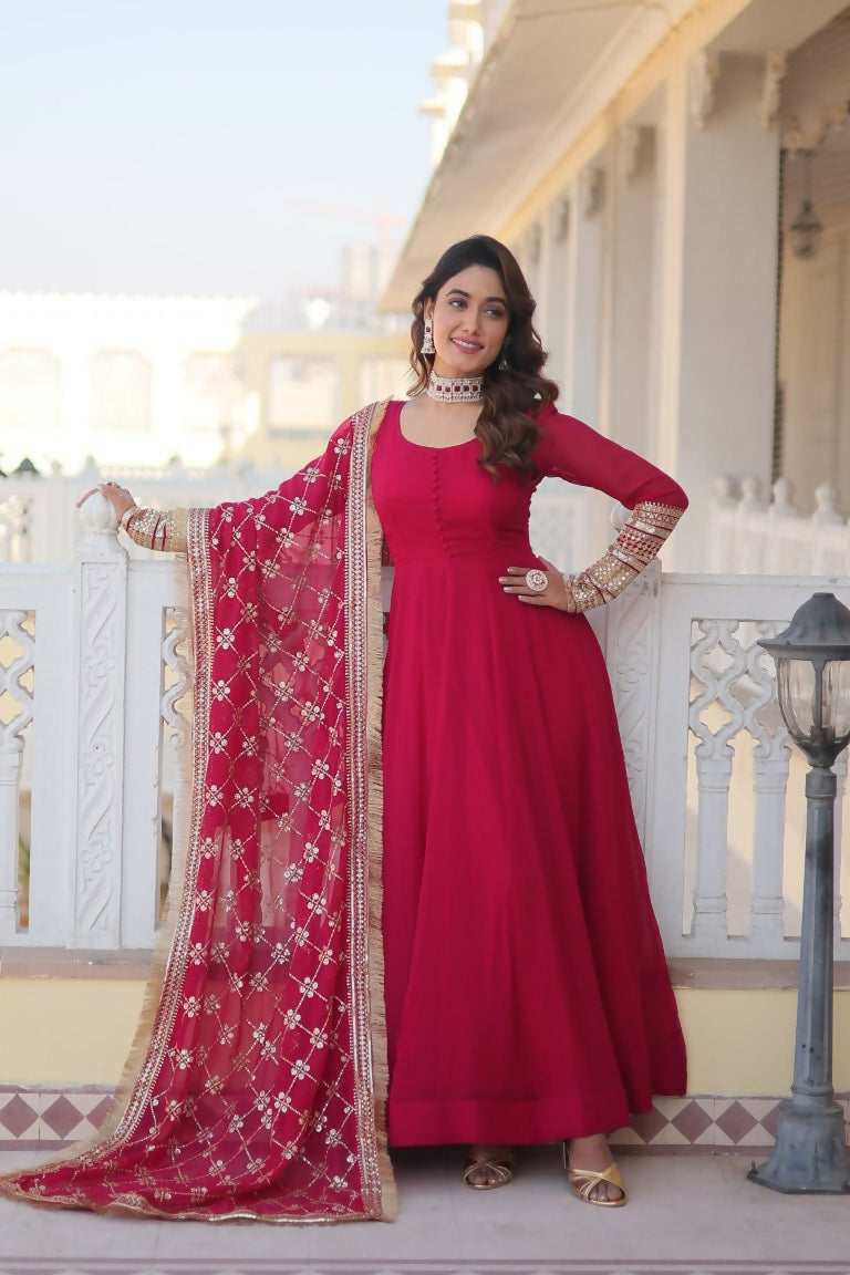Jyoti Fashion Women's Rani Pink Faux Blooming Sequins Zari Embroidered Anarkali Dress with Dupatta