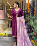The52 Women's Beautiful Chanderi Fabric Embroidery Work Flared Kurta Pant and Dupatta Set - Distacart